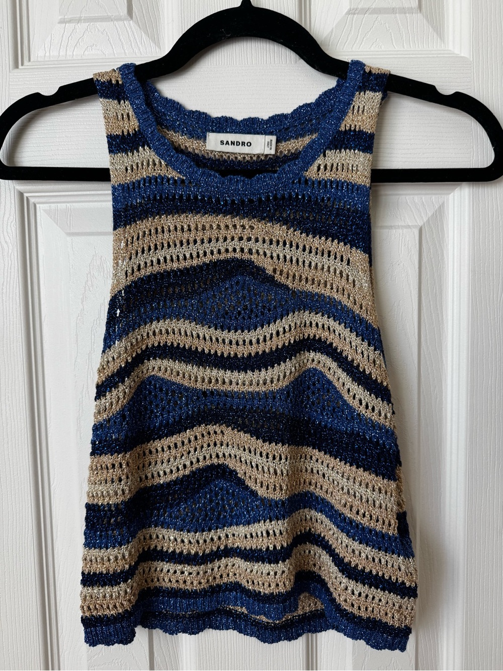 Sandro Navy and Tan Open-Knit Striped Tank
